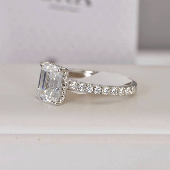 Certified 4.6ct Emerald Cut with Hidden Halo Moissanite Ring 925 Sterling - Picture 11 of 16